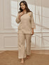 Women Beige Linen Cotton Three-Quarter Sleeves Top with Matching Straight Pants Yoga Set